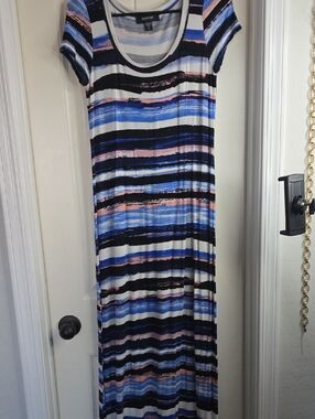 Karen Kane Scoop Neck Striped Maxi Dress in Blue, Black & Pink